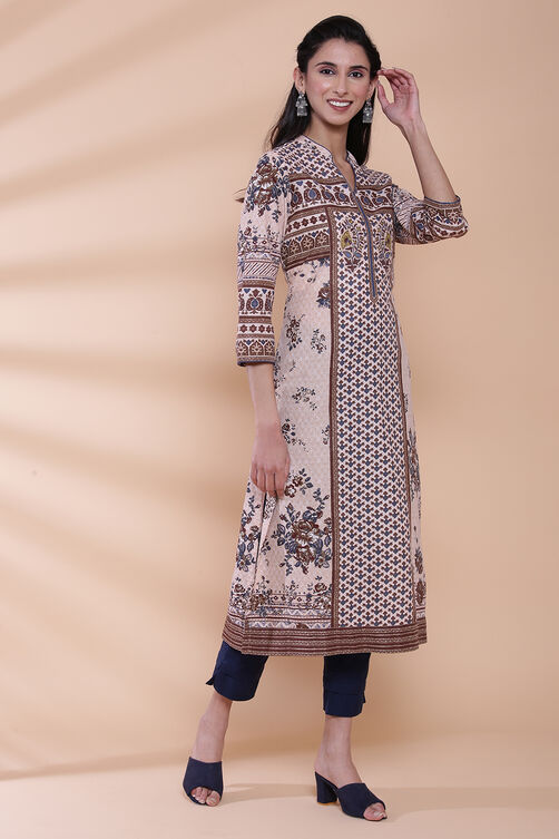 Peach Cotton Straight Kurta image number 3