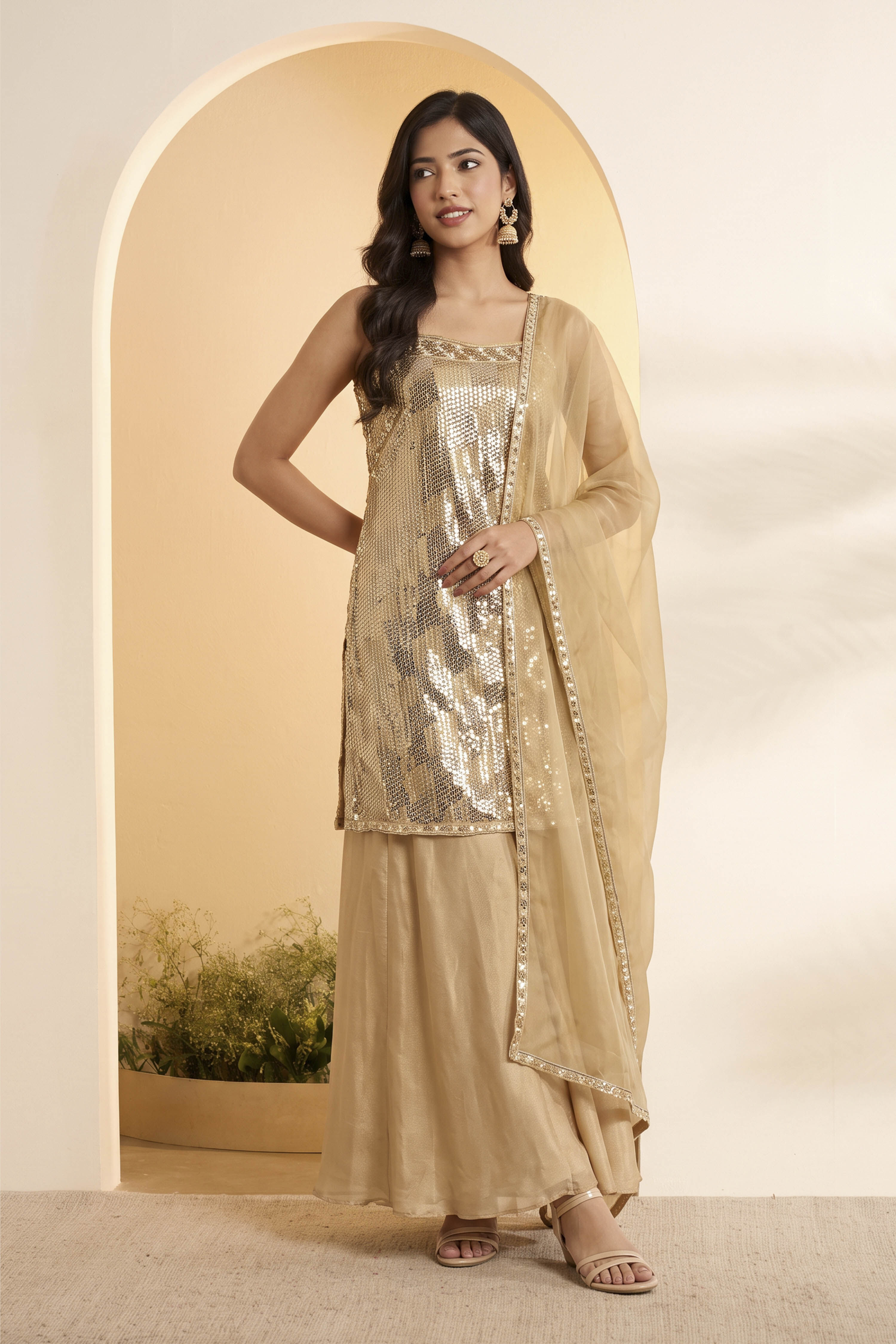 Gold Viscose Georgette Straight Suit Set image number 0