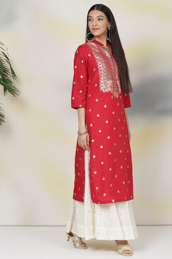 Cherry Red Art Silk Straight Printed Kurta image number 3