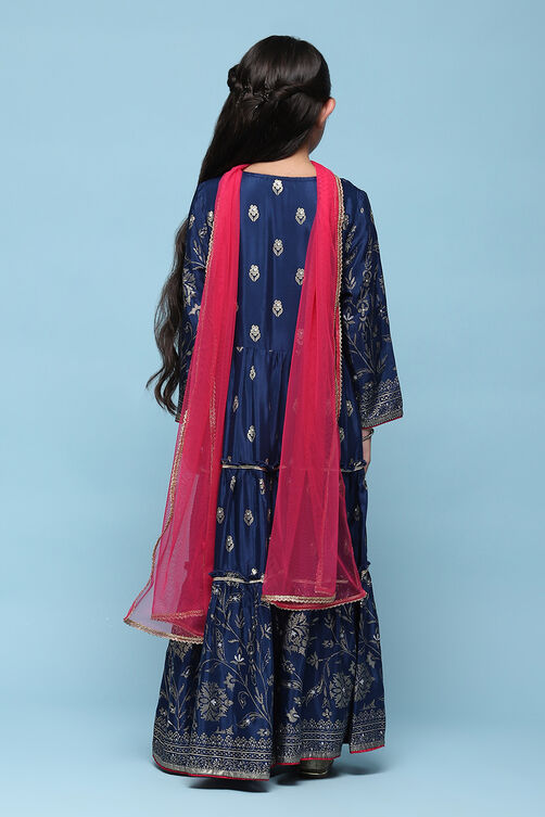 Navy Blue Viscose Tiered Kurta Printed Suit Set image number 5