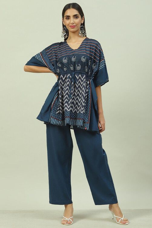 Navy Cotton Printed Kaftan Nightwear image number 0