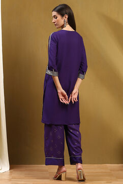 Purple Embroidered Straight Suit Set image number 4