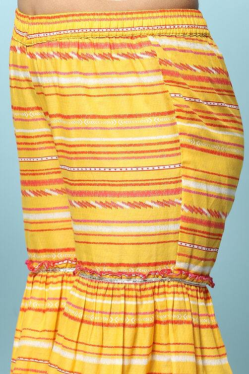 Yellow Cotton Gathered Printed Kurta Sharara Suit Set image number 7