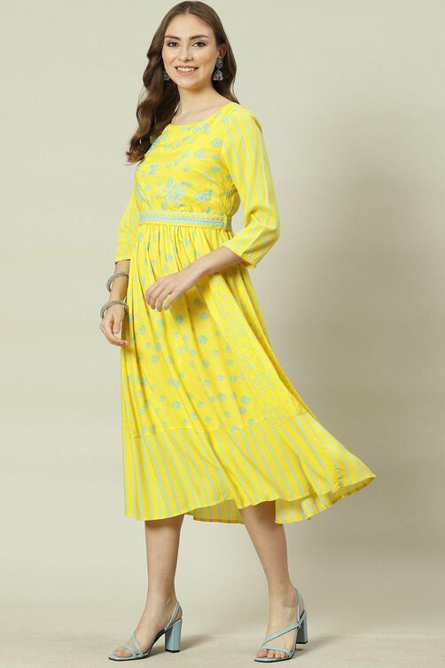 Yellow Cotton Flared Printed Kurta Dress image number 2