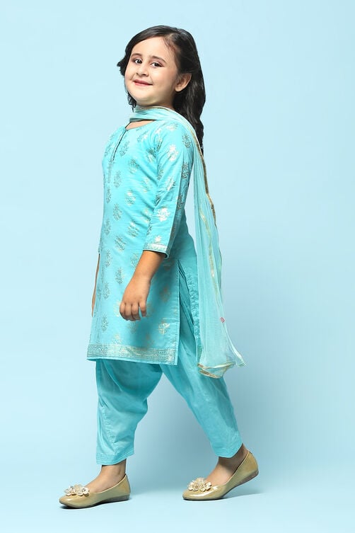 Turquoise Cotton Straight Printed Kurta Patiyala Salwar Suit Set image number 4