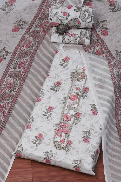 White Cotton Unstitched Suit set image number 0