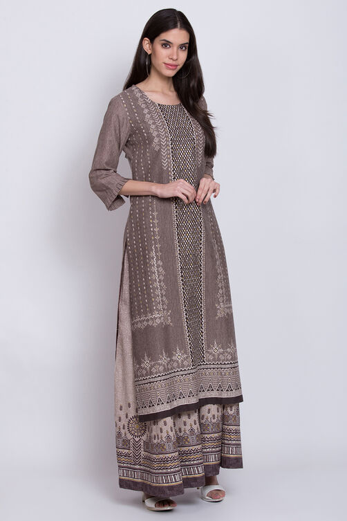 Sand Brown Cotton Flax Straight Printed Kurta image number 3