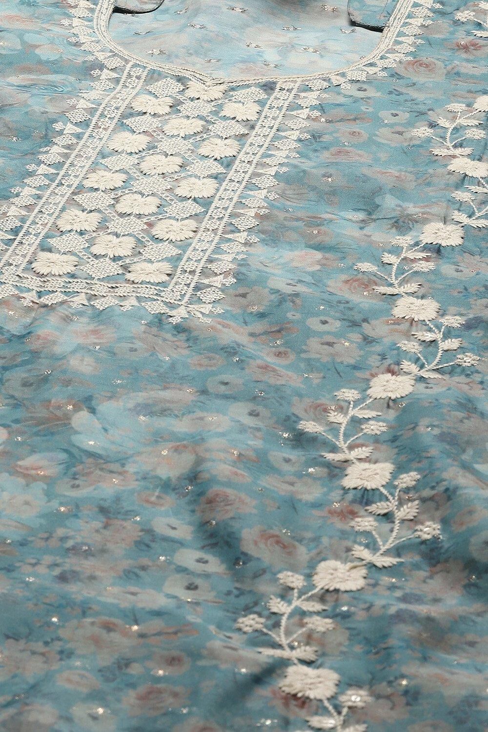 Blue Chanderi Unstitched Suit Set image number 6