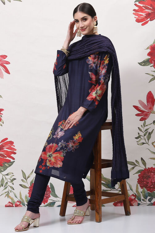 Rohit Bal Indigo Cotton Silk Straight Printed Suit Set image number 6
