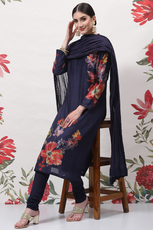 Rohit Bal Peach Cotton Silk Straight Printed Suit Set image number 6