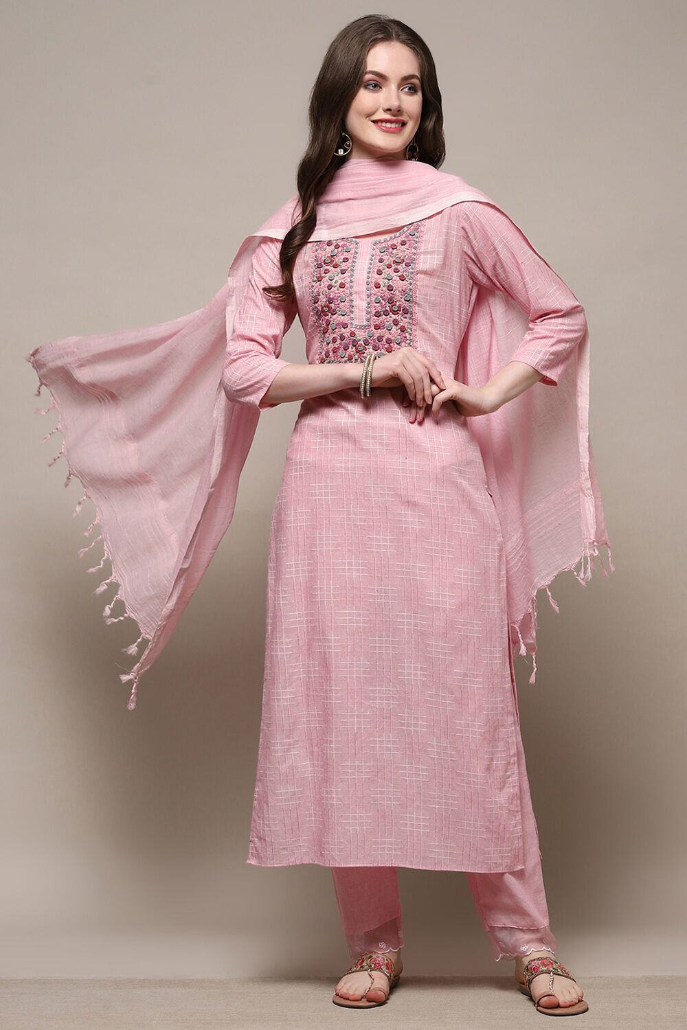 Pink Cotton Embroidered Unstitched Suit set image number 1