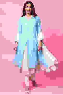 Powder Blue Double Layered Kurta Churidar Suit Set image number 2