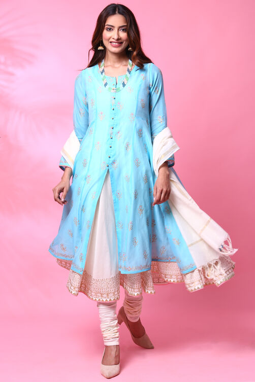 Lime Green Double Flared Kurta Churidar Suit Set image number 2