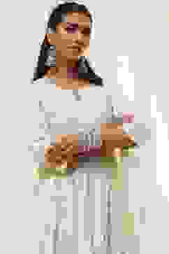 Off-White Cotton Embroidered Flared Suit Set image number 7