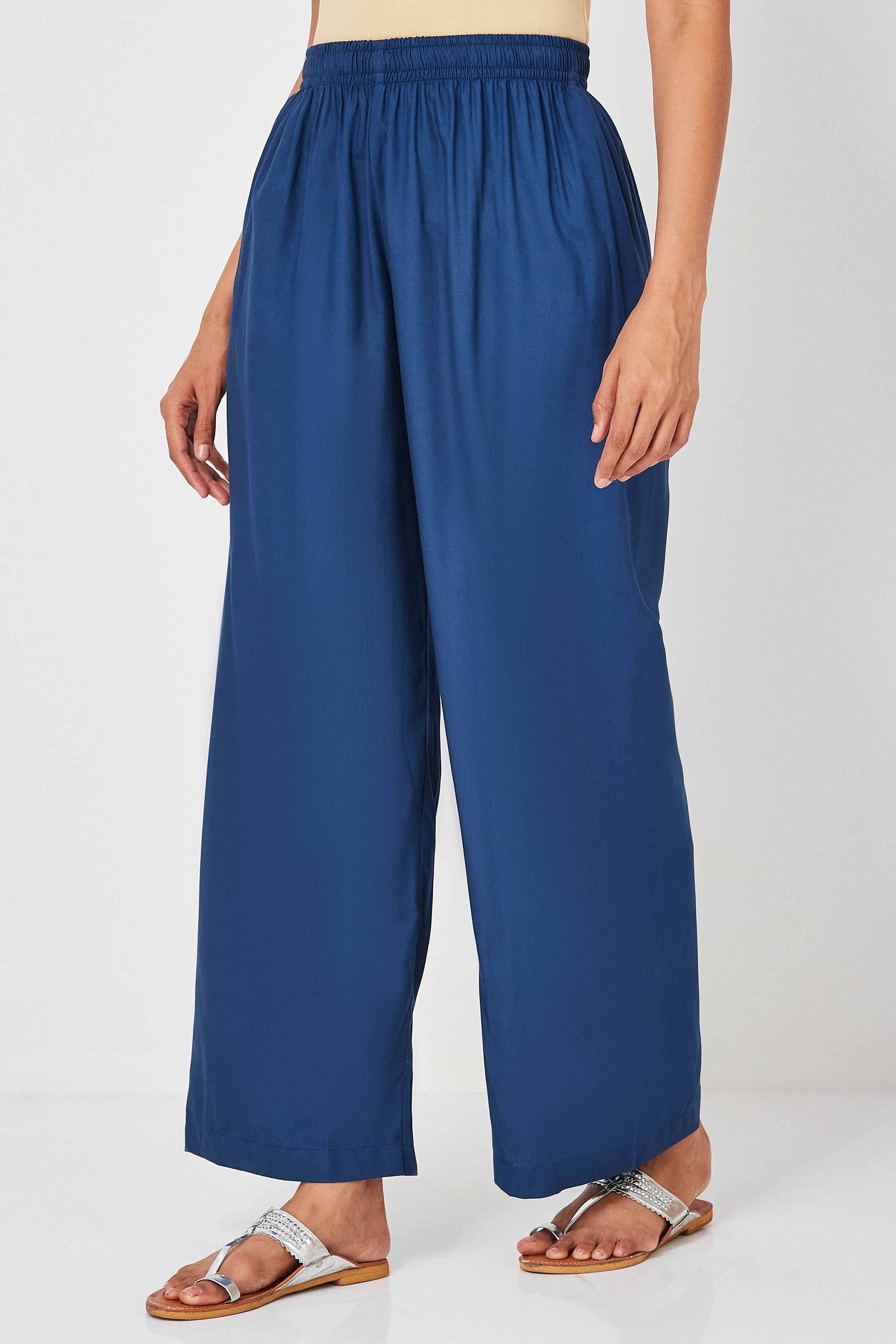 Navy Viscose Rayon Straight Palazzo image number 2