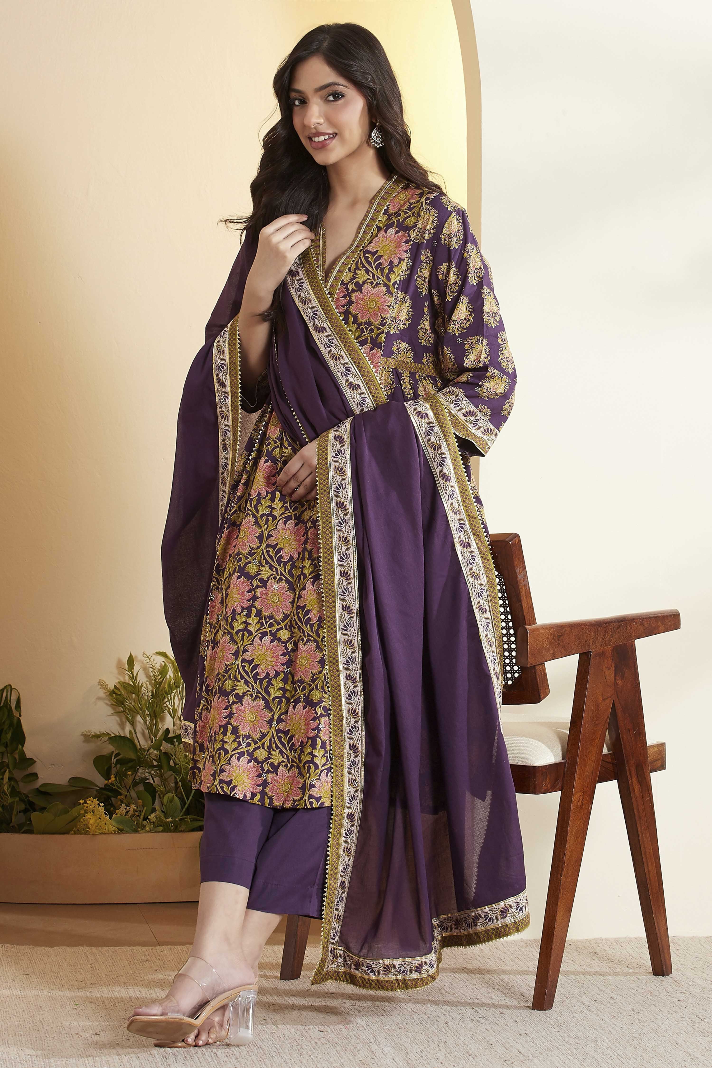 Purple Cotton Asymmetric Suit Set image number 0
