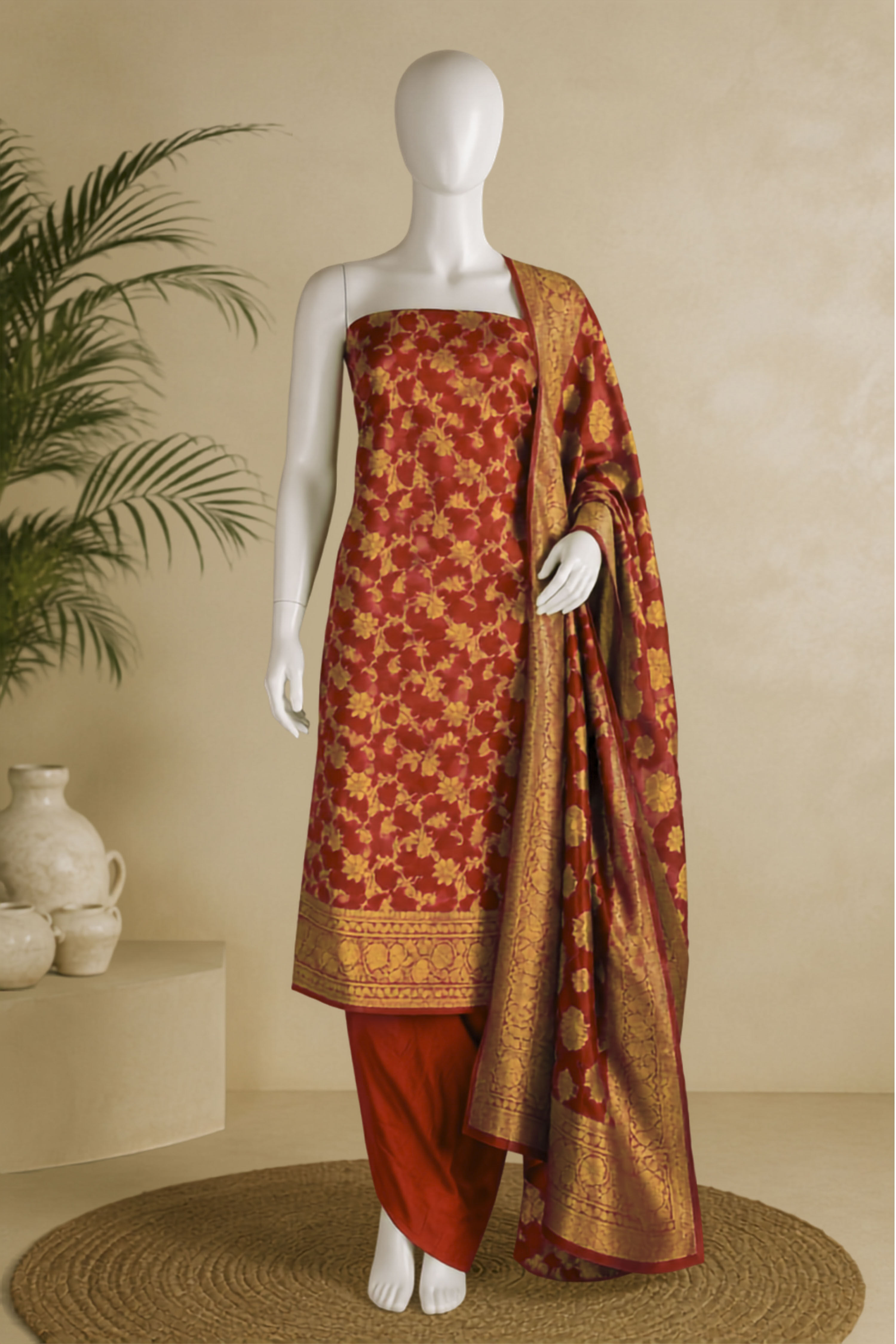 Red Chanderi Silk Printed Unstitched Suit Set image number 5