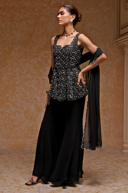 Black Polyester Embroidered Sharara Suit Set image number 2