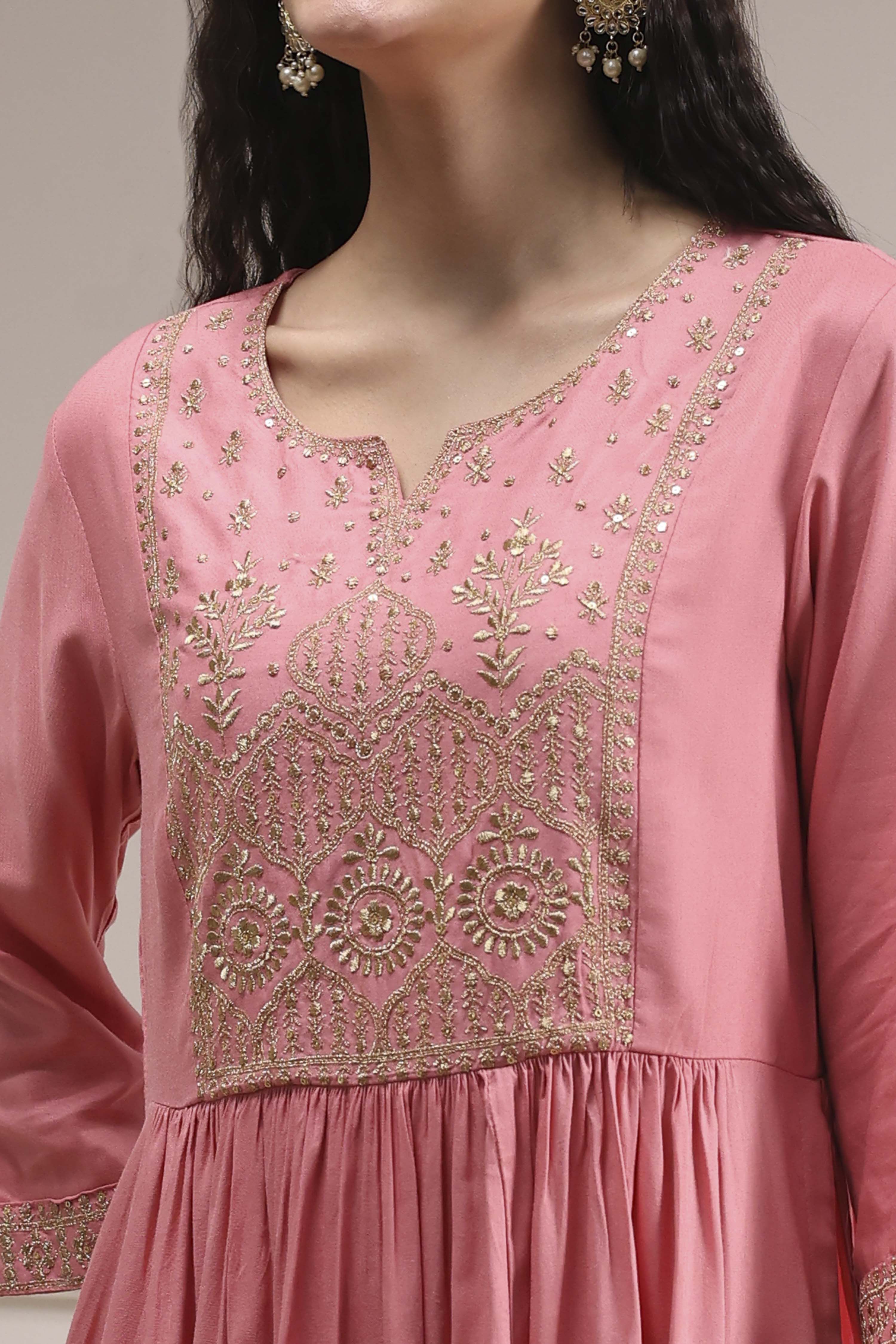 Peach-Colored Embroidered Gathered Suit Set image number 1