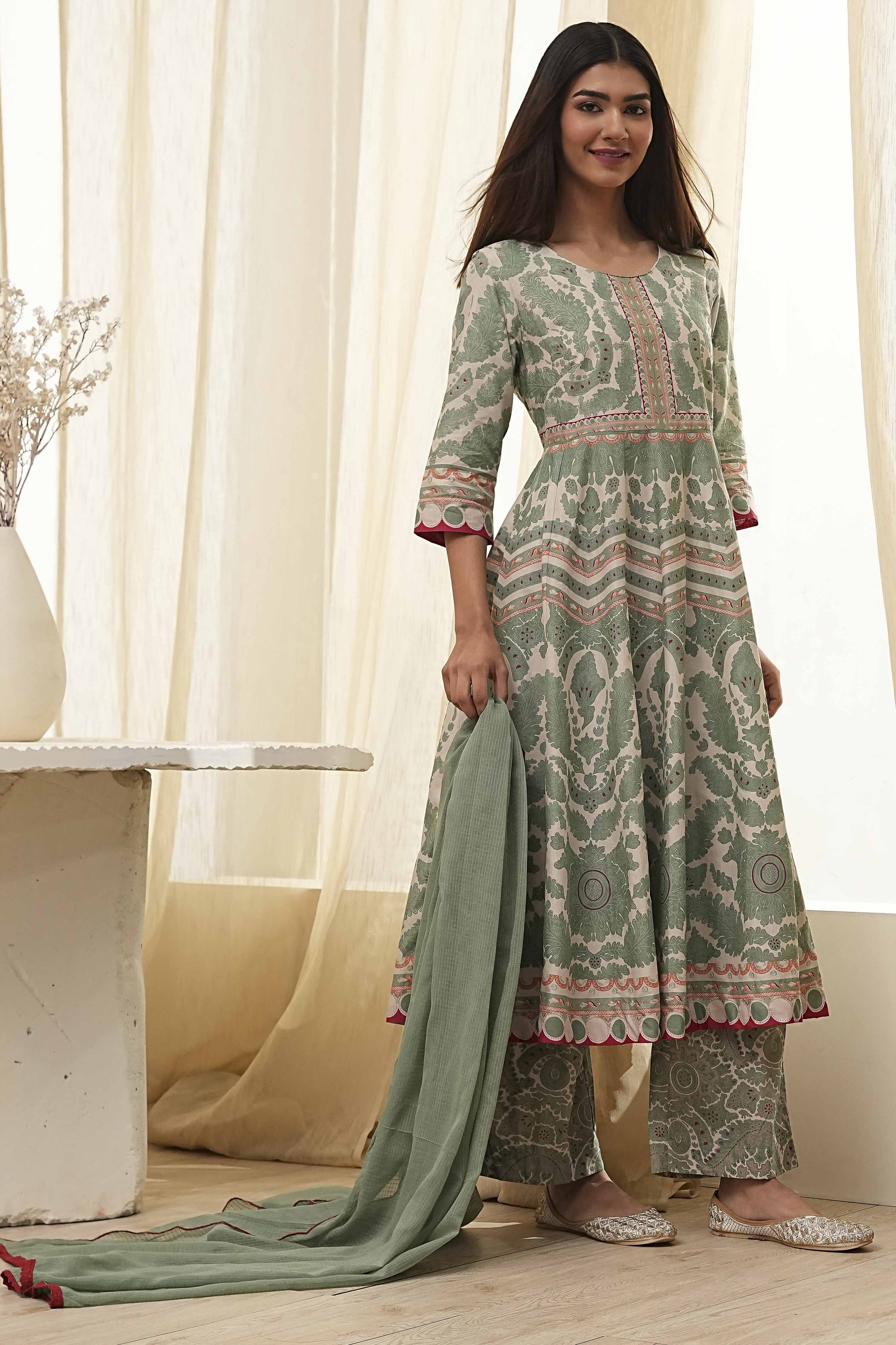 Green Cotton Printed Anarkali Suit Set image number 0