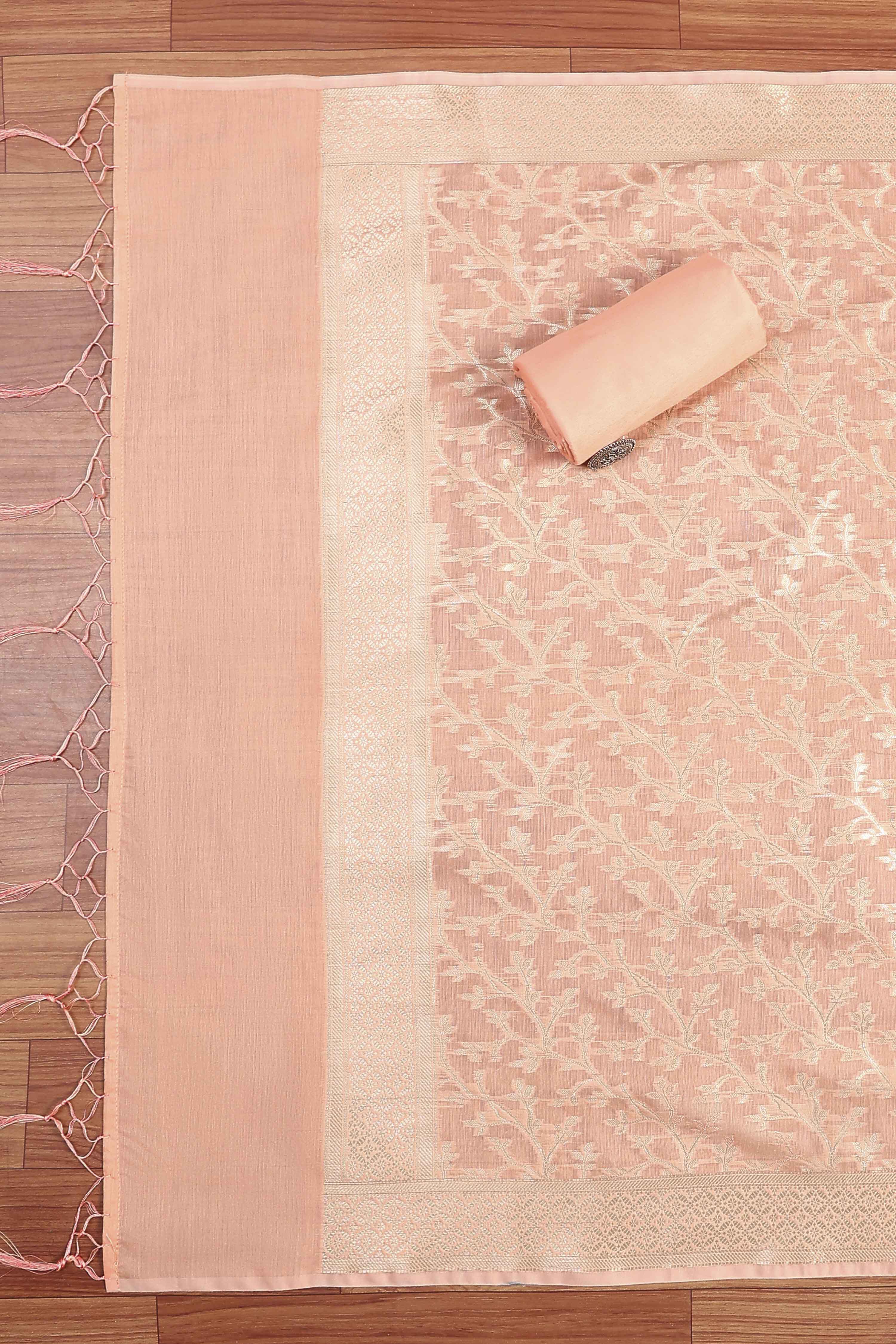 Peach Chanderi Printed Unstitched Suit Set image number 3
