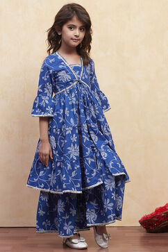 Blue Cotton Printed Tiered Kurta Set image number 5