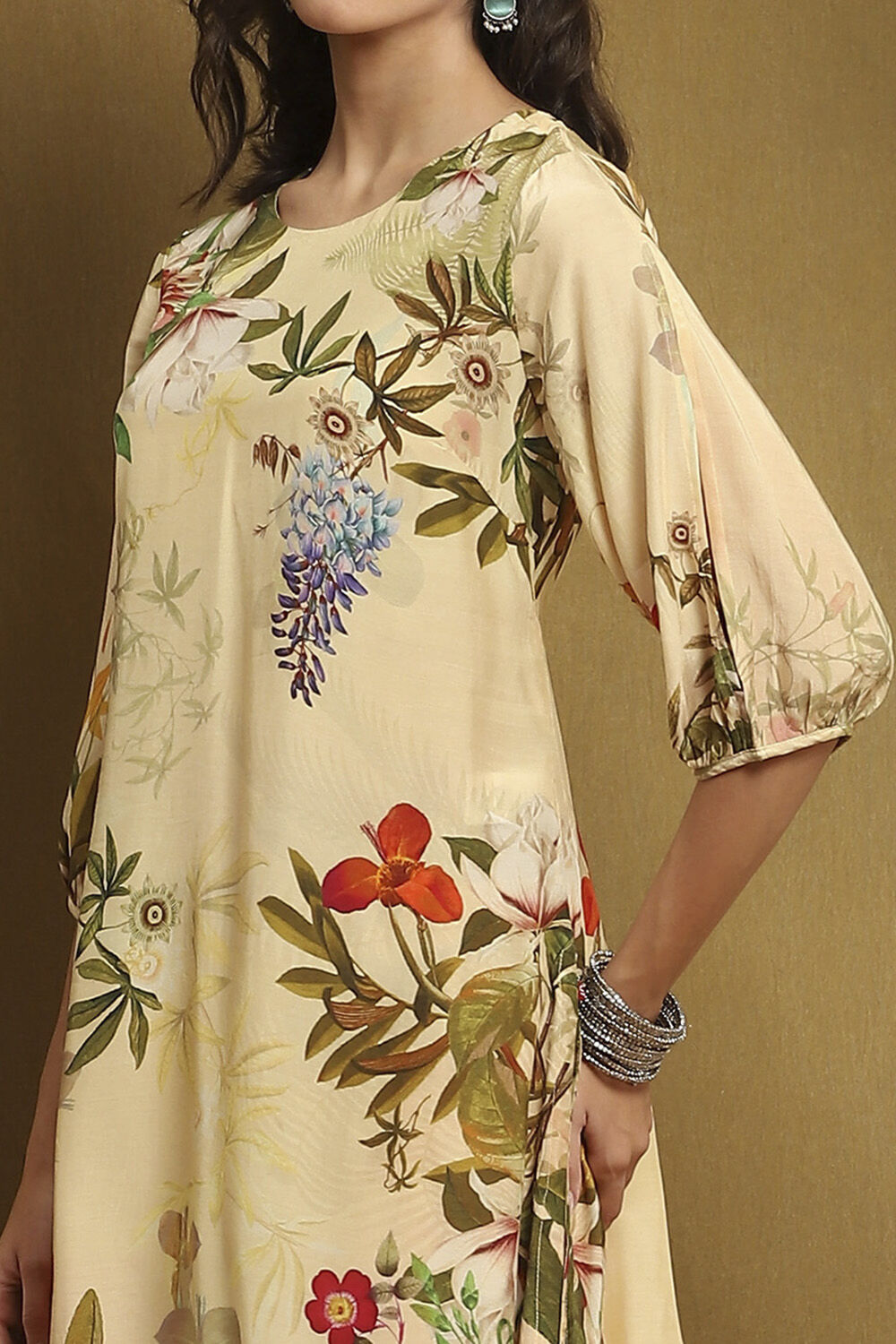 Green Modal Floral Printed Asymmetric Kurta Set image number 1
