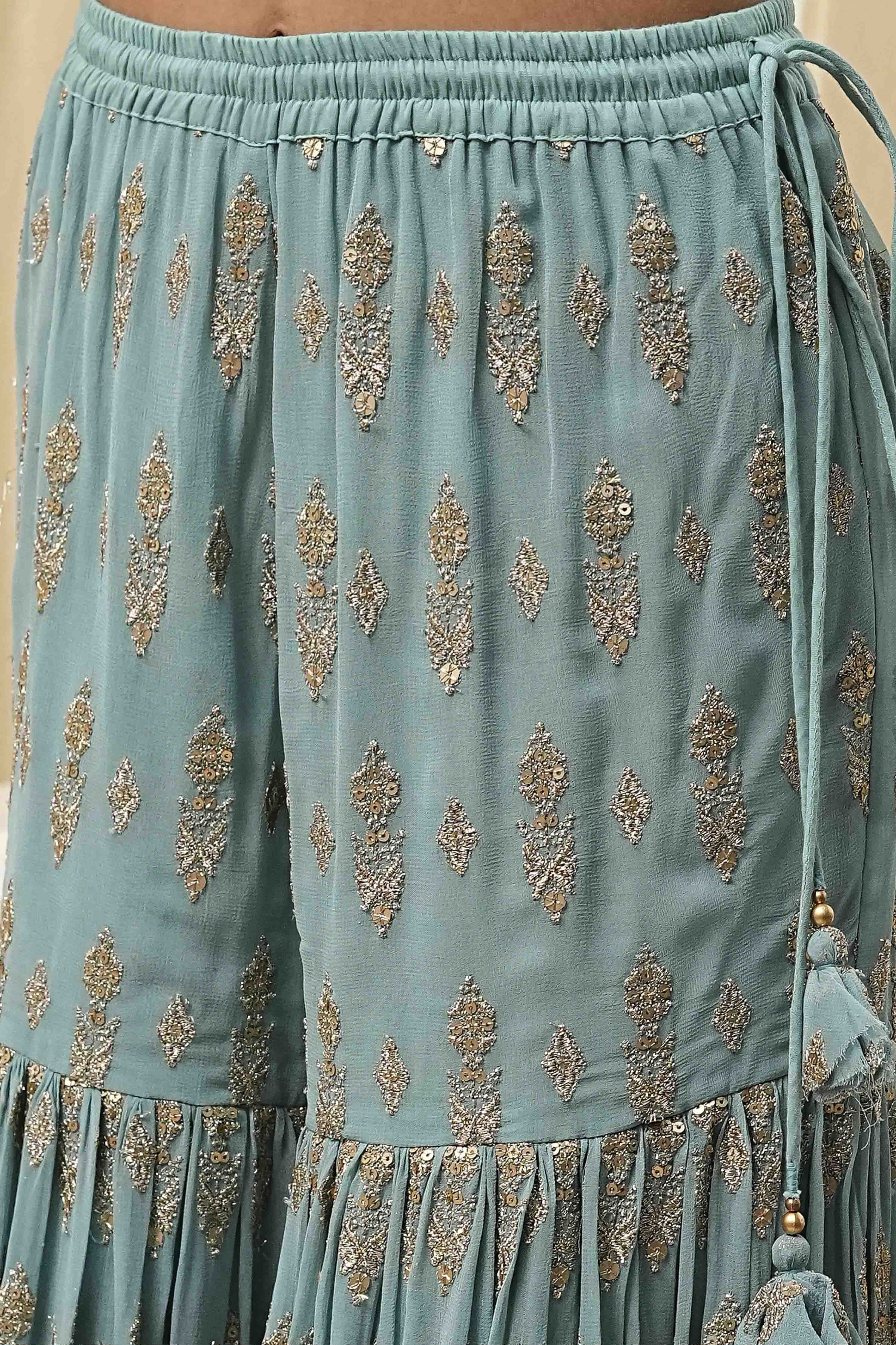 Powder Blue Embroidered Straight Suit Set image number 2