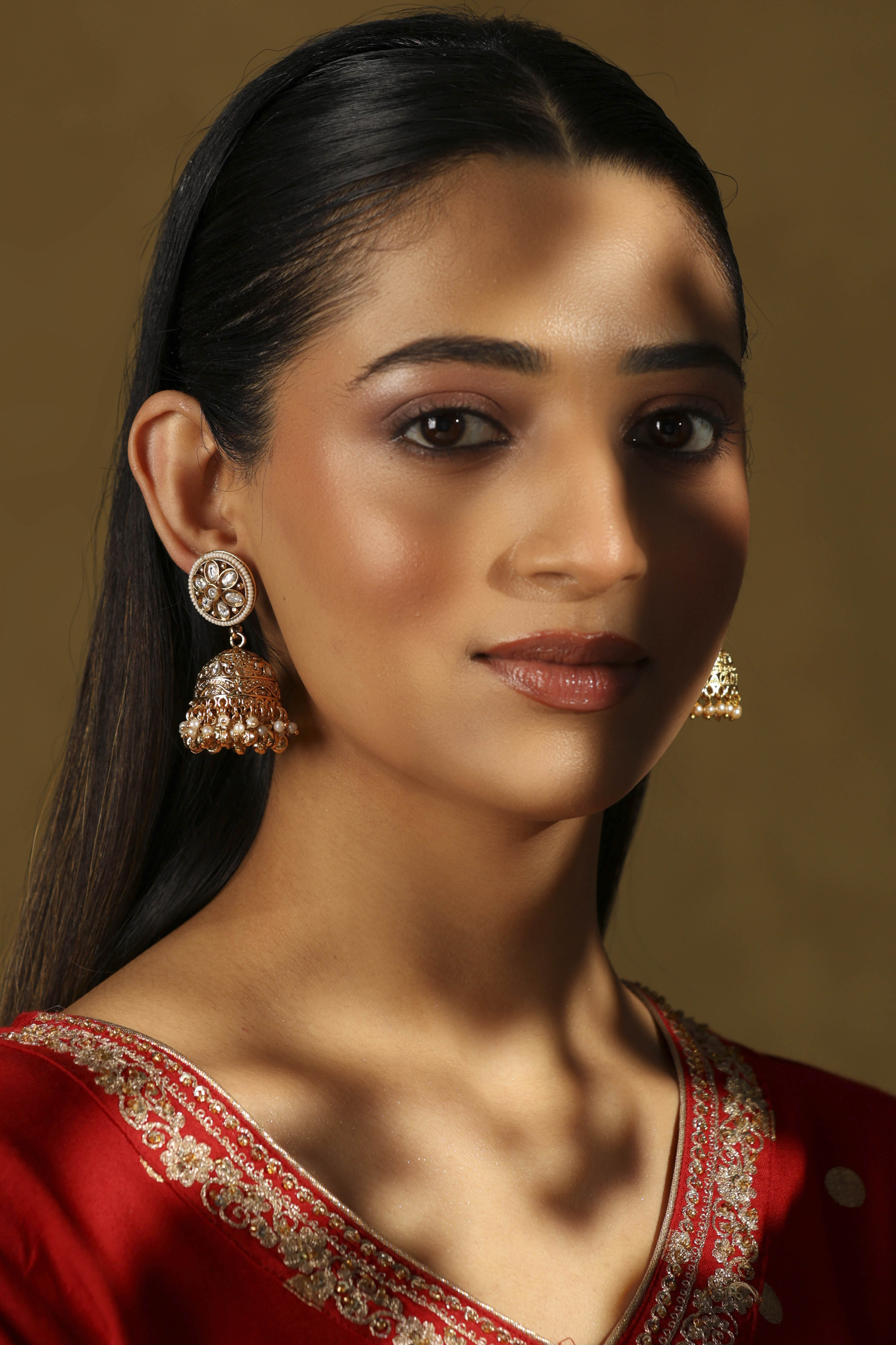 Gold Plated Brass Stone Studded Jhumkas image number 1