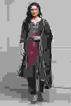 Plum Velvet Printed Straight Winter Suit Set image number 6