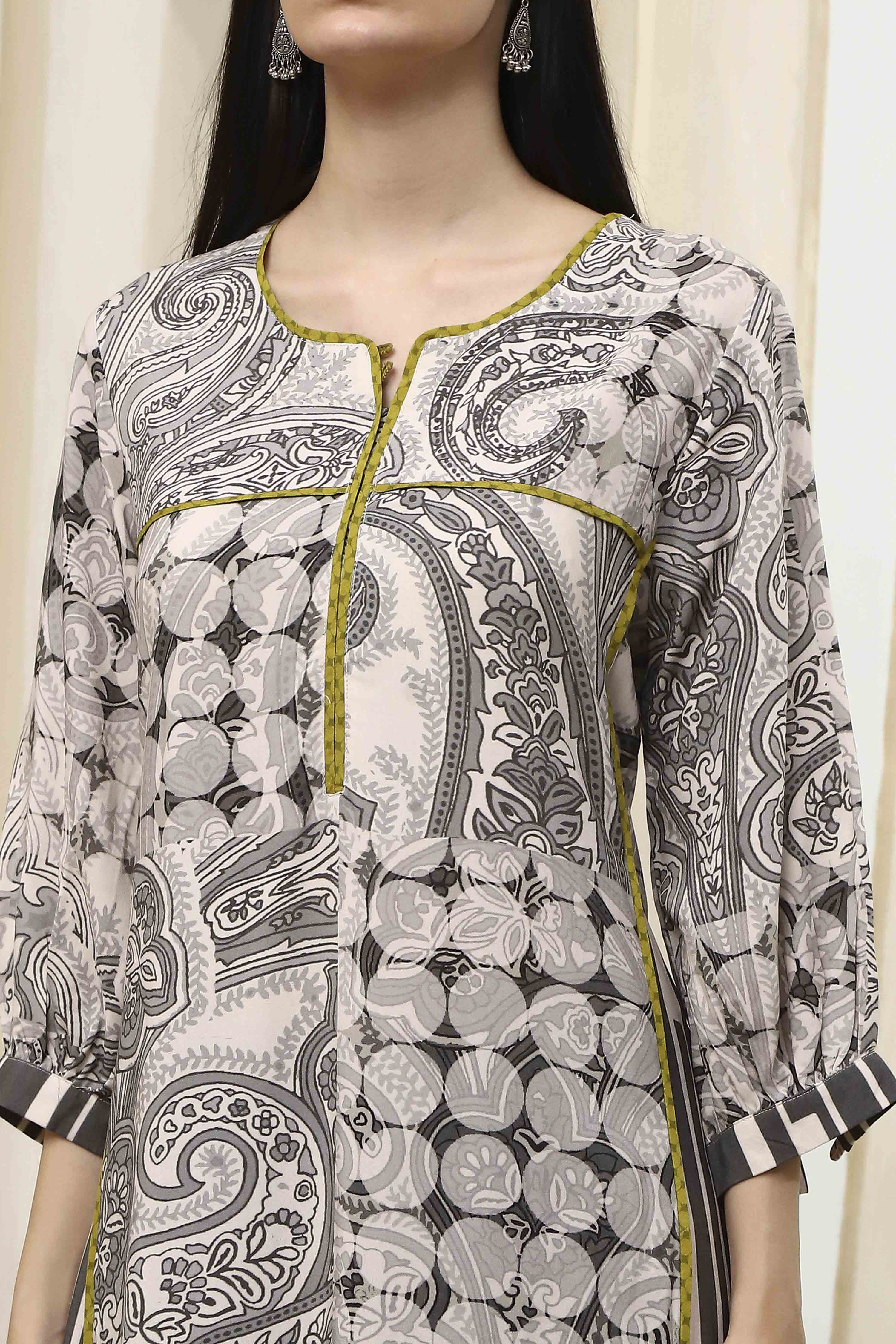 Ivory and Grey Printed Straight Kurta image number 1