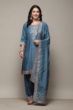 Blue Viscose Straight Yarndyed Kurta Salwar Suit Set image number 7