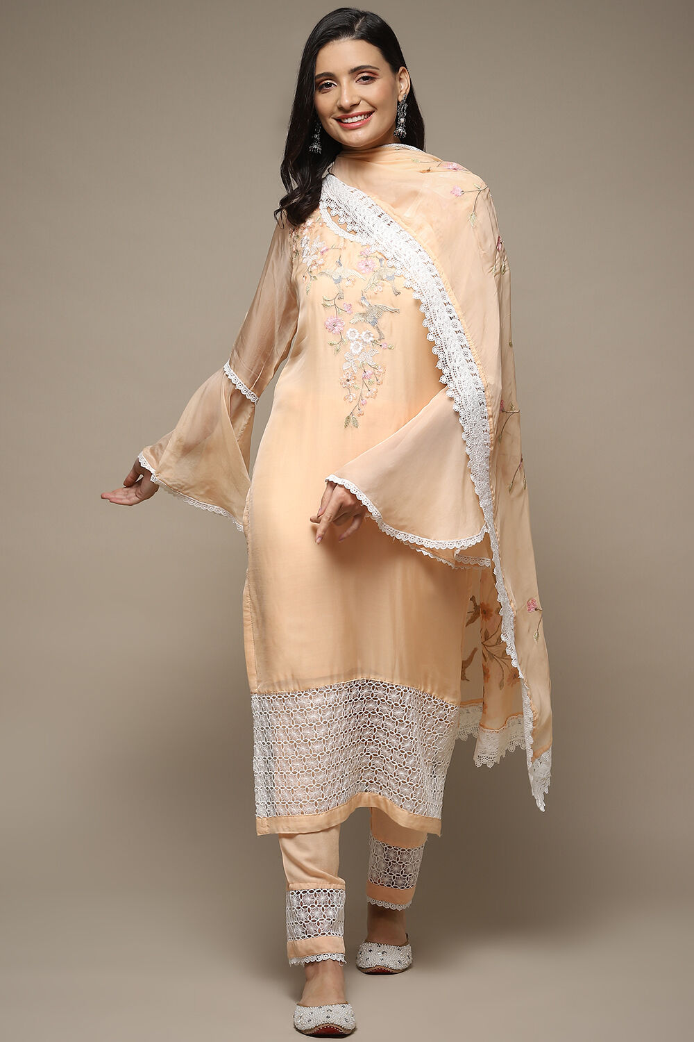 Peach Organza Lace Unstitched Suit Set image number 8