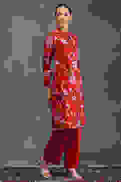 Rohit Bal Red Silk Chanderi Floral Printed Straight Kurta Set image number 5