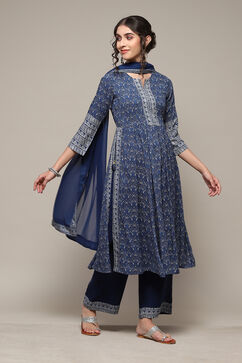 Blue LIVA Gathered Kurta Palazzo Suit Set image number 6