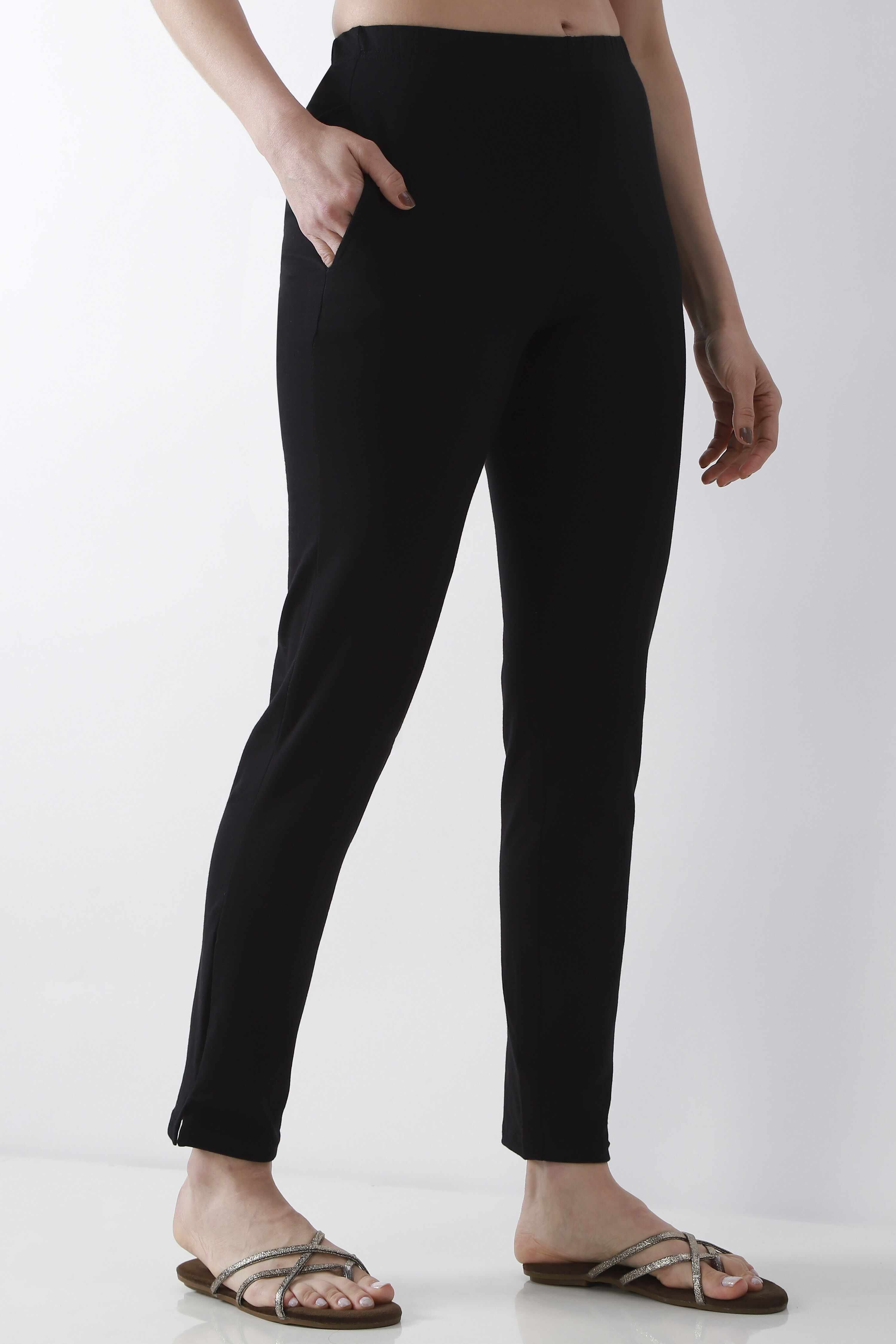 Black Solid Cotton Lycra Straight Pants image number 3
