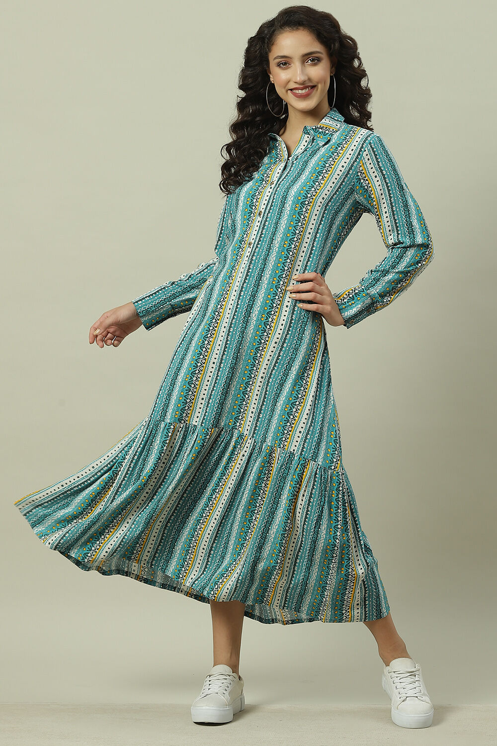 Buy Blue Rayon Flared Printed Dress Dress Mask for INR999.50