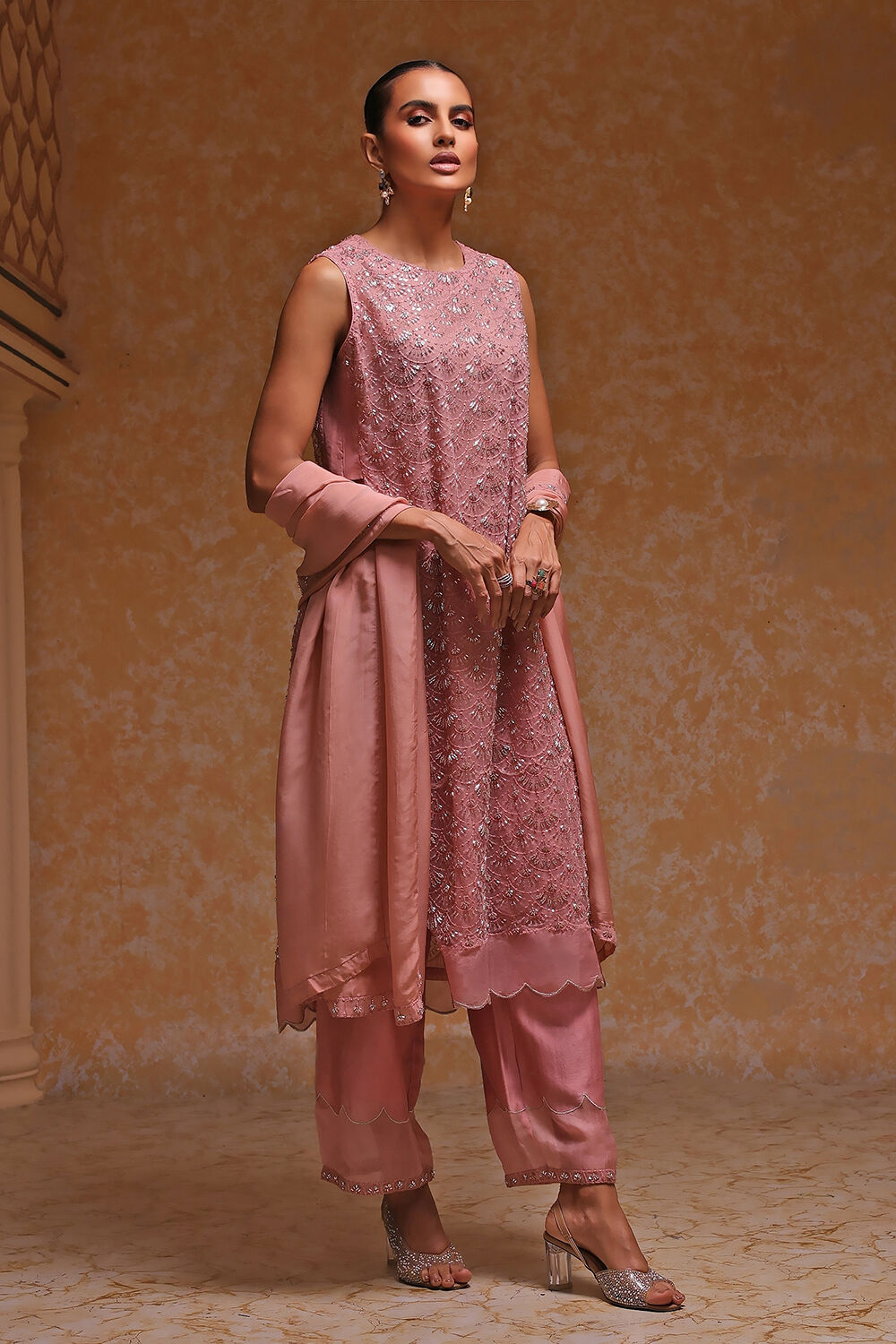 Rose Peach-Toned Poly Net Beaded Embroidered Straight Suit Set image number 5