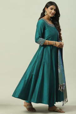 Teal Poly Viscose Anarkali Kurta Churidar Suit Set image number 6