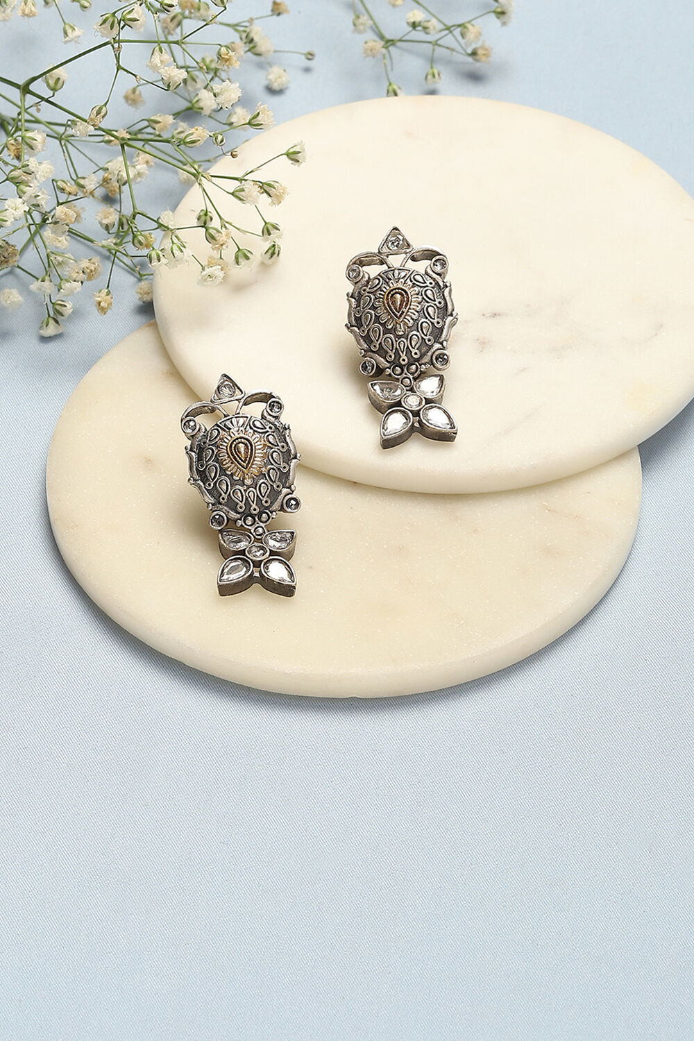 Oxidised White Brass Earrings image number 0