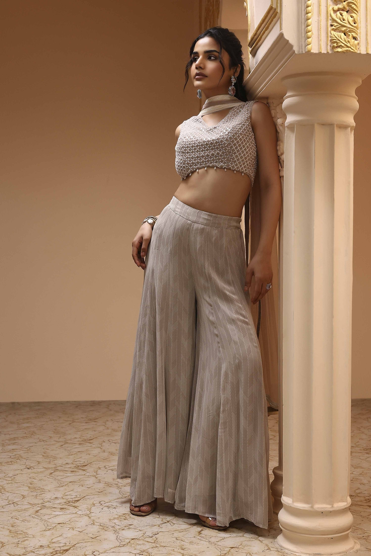 Beige Viscose Georgette Fusion Sharara Set