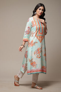 Sky Blue LIVA Straight Printed Kurta image number 4