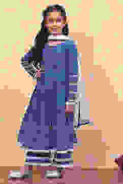 Blue Cotton Printed Flared Festive Tiered Suit Set image number 6