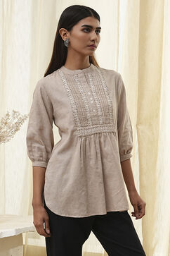 Beige Cotton Yarn-Dyed Short Straight Kurta image number 4