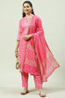 Pink Cotton Screen Print Unstitched Suit Set image number 5