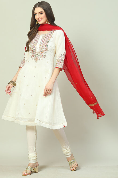 Off White Art Silk Anarkali Kurta Churidar Suit Set image number 6