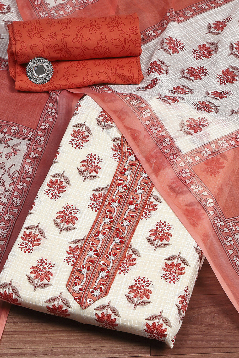 Orange Cotton Printed Embroidered Unstitched Suit Set image number 0