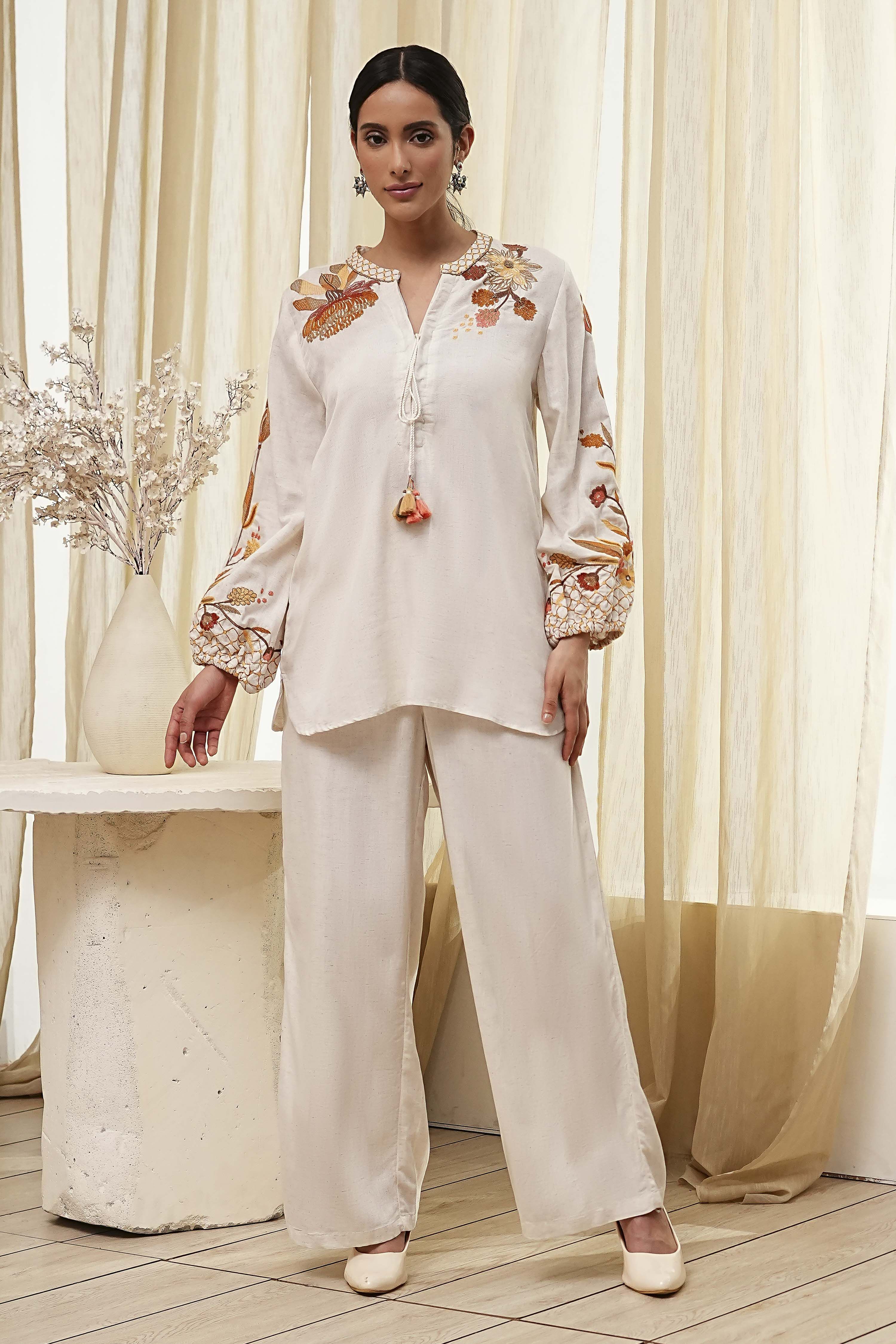 Off-White Embroidered Straight Co-ord Set image number 0