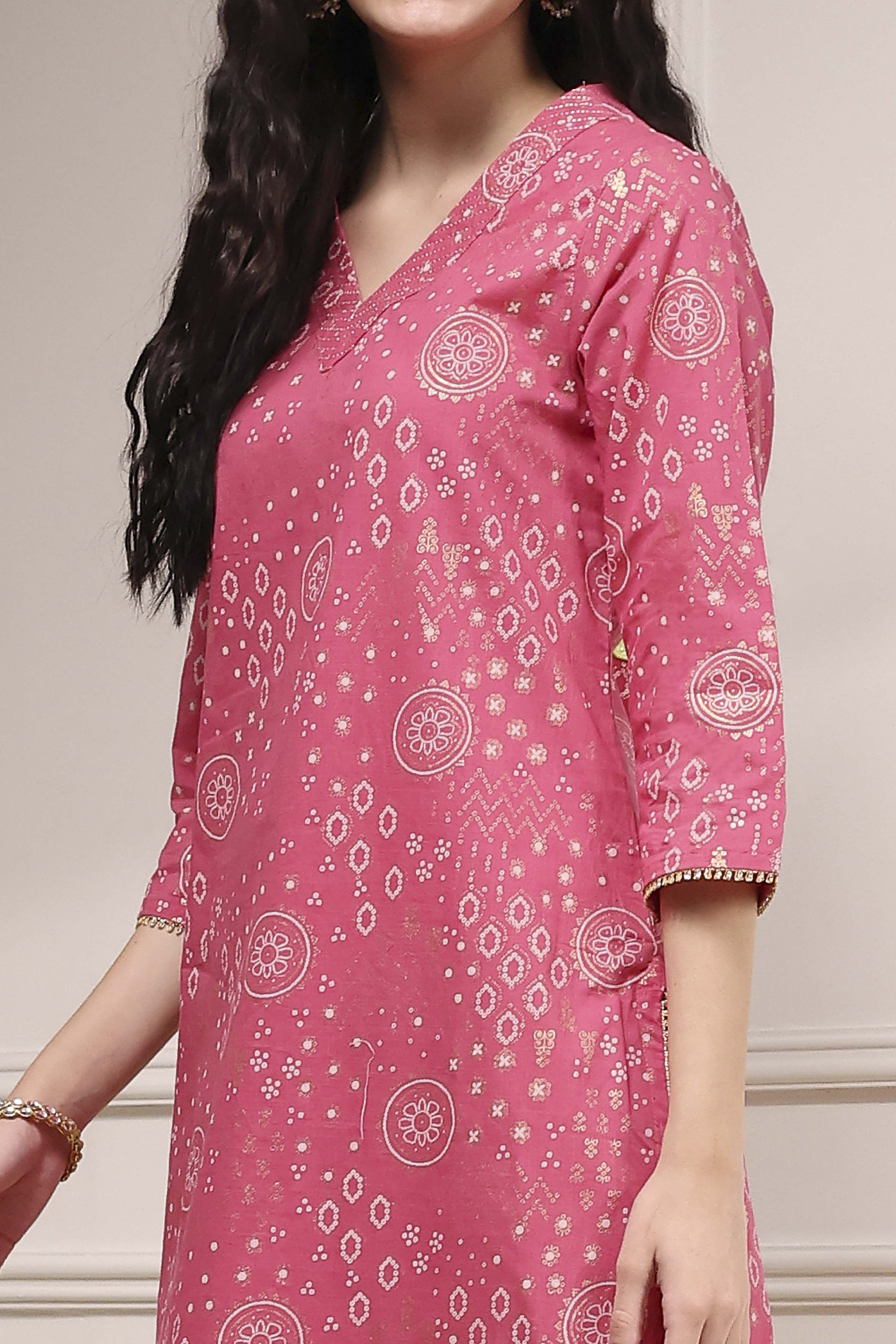 Pink Cotton Printed Straight Kurta image number 1