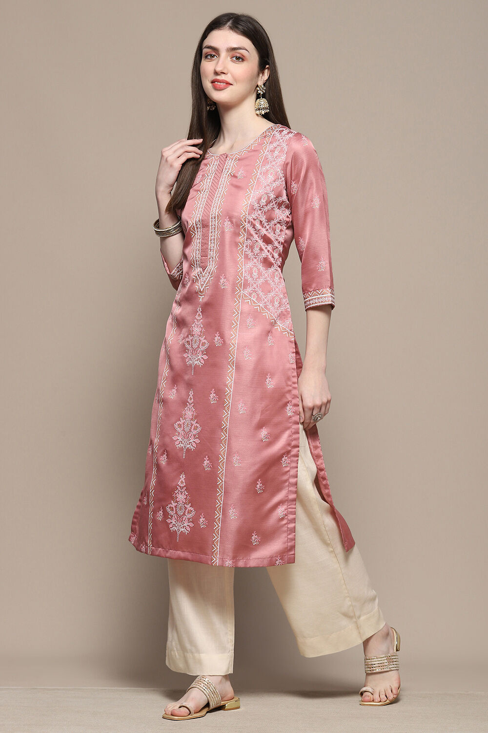 Dusty Pink Printed Straight Kurta image number 2